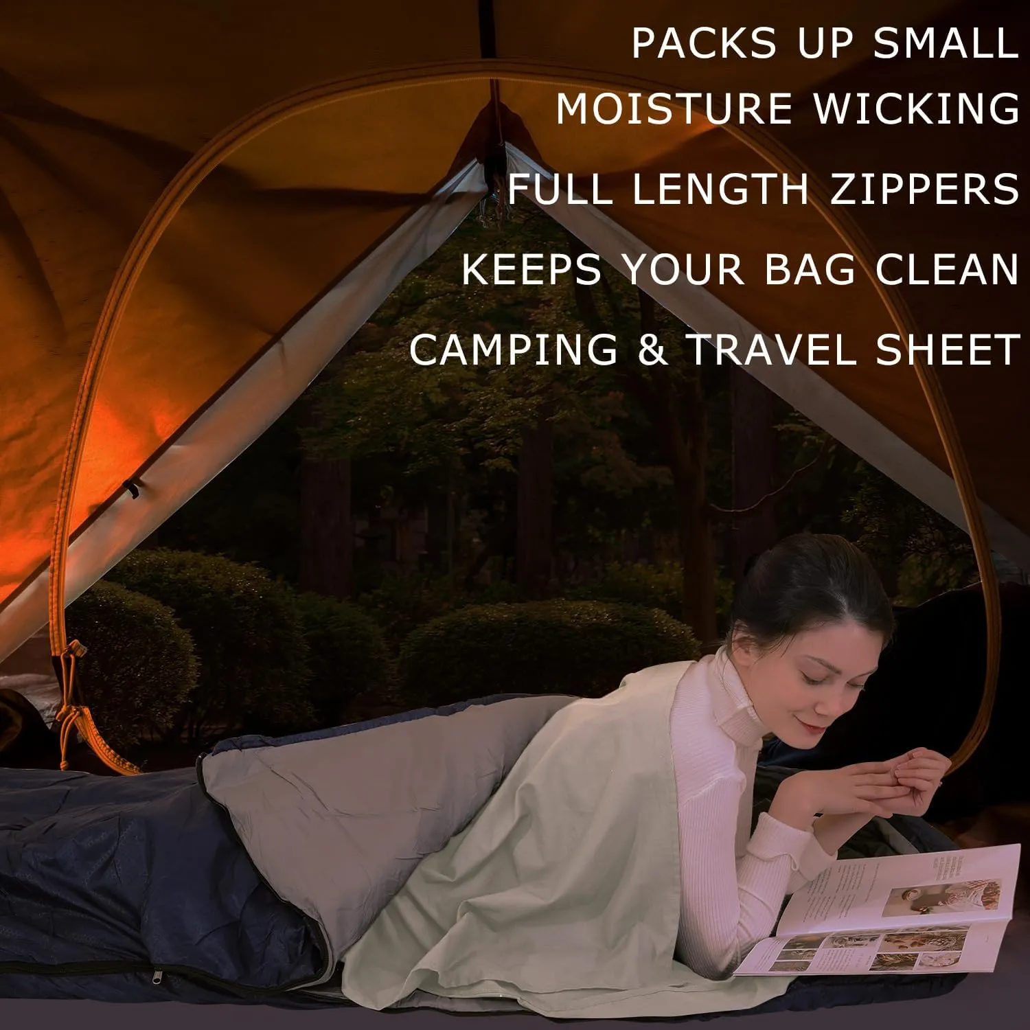 100% Cotton Sleeping Bag Liner with Full Length Zipper on 3 Sides; Single/Double Adult Sleep Sack for Travel & Camping, Multifunctional Travel Sheets (Unzipped 87”x87”) for Hotel, Lightweight