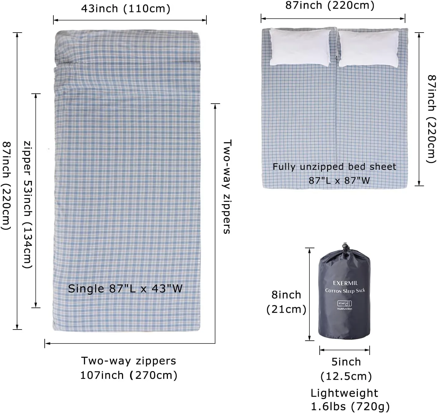 100% Cotton Sleeping Bag Liner with Full Length Zipper on 3 Sides; Single/Double Adult Sleep Sack for Travel & Camping, Multifunctional Travel Sheets (Unzipped 87”x87”) for Hotel, Lightweight