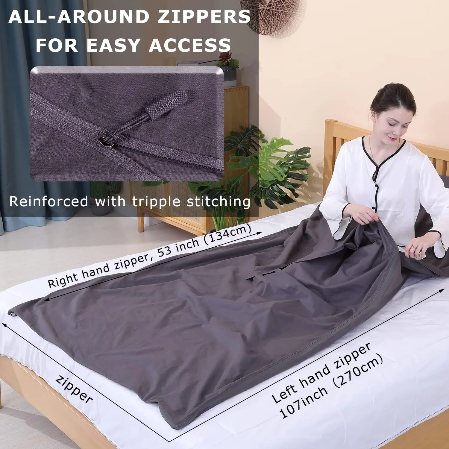 100% Cotton Sleeping Bag Liner with Full Length Zipper on 3 Sides; Single/Double Adult Sleep Sack for Travel & Camping, Multifunctional Travel Sheets (Unzipped 87”x87”) for Hotel, Lightweight
