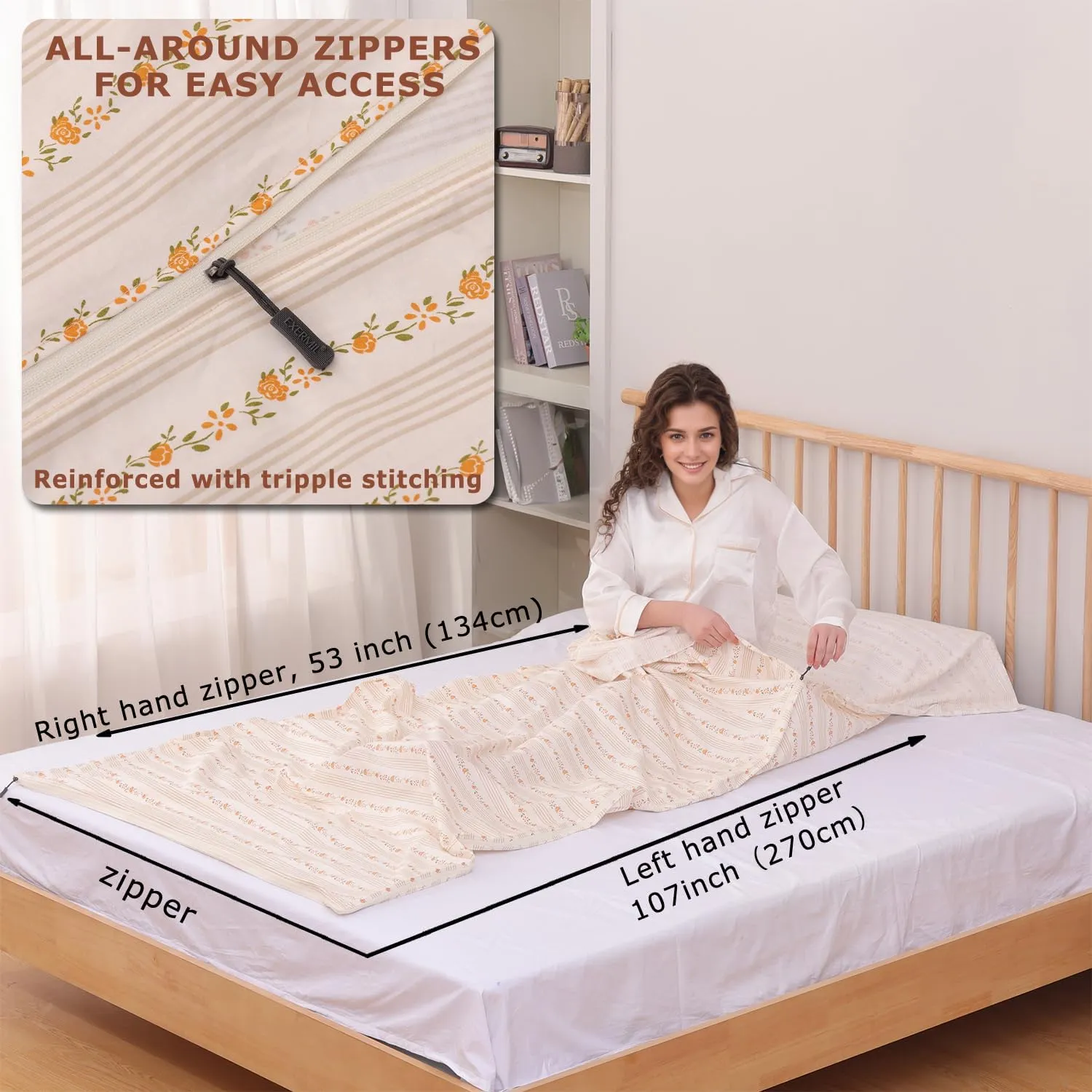 100% Cotton Sleeping Bag Liner with Full Length Zipper on 3 Sides; Single/Double Adult Sleep Sack for Travel & Camping, Multifunctional Travel Sheets (Unzipped 87”x87”) for Hotel, Lightweight