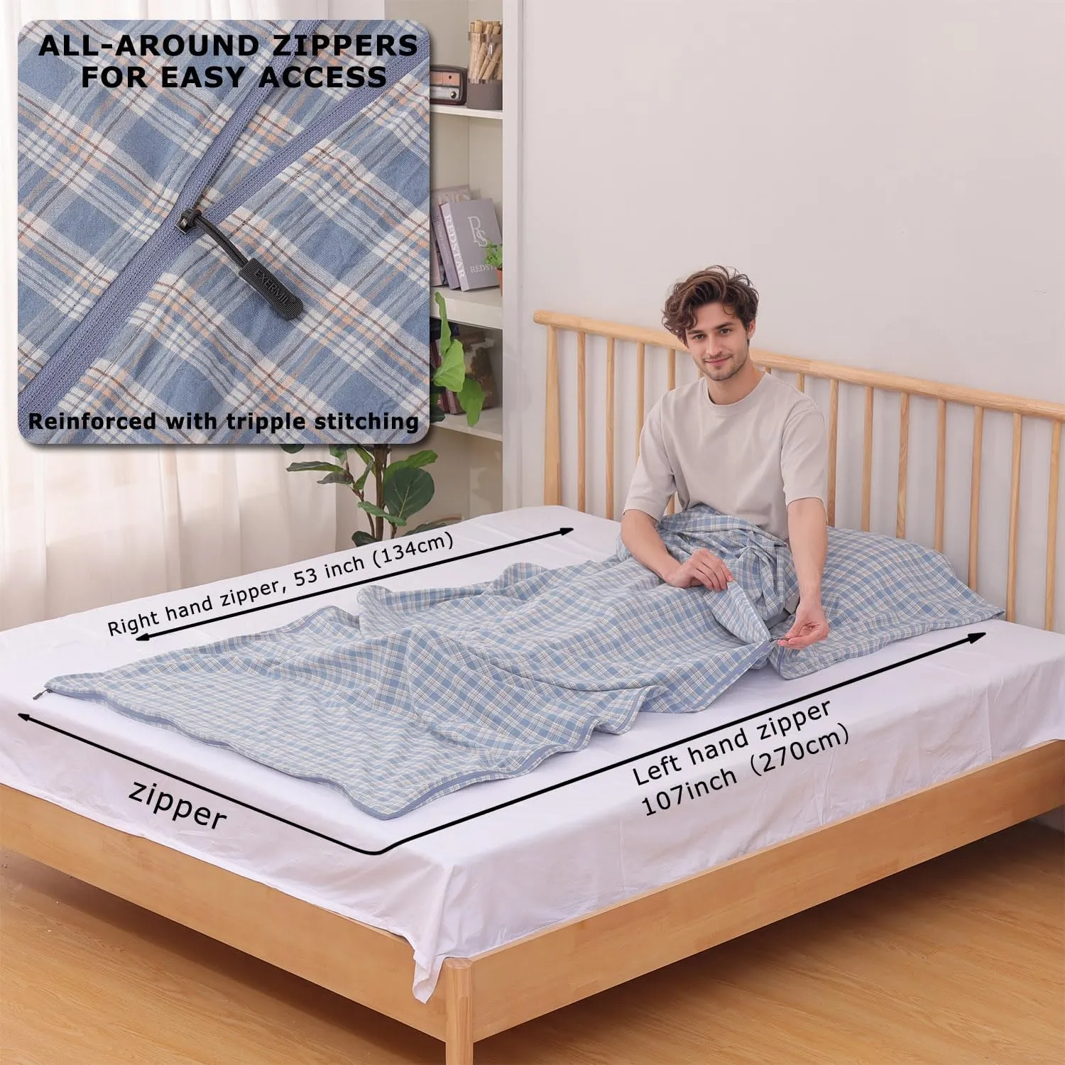 100% Cotton Sleeping Bag Liner with Full Length Zipper on 3 Sides; Single/Double Adult Sleep Sack for Travel & Camping, Multifunctional Travel Sheets (Unzipped 87”x87”) for Hotel, Lightweight