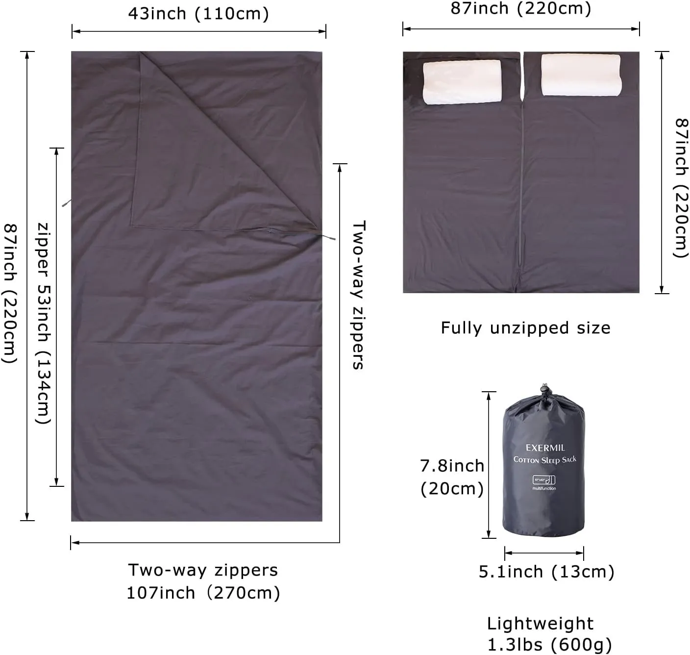 100% Cotton Sleeping Bag Liner with Full Length Zipper on 3 Sides; Single/Double Adult Sleep Sack for Travel & Camping, Multifunctional Travel Sheets (Unzipped 87”x87”) for Hotel, Lightweight
