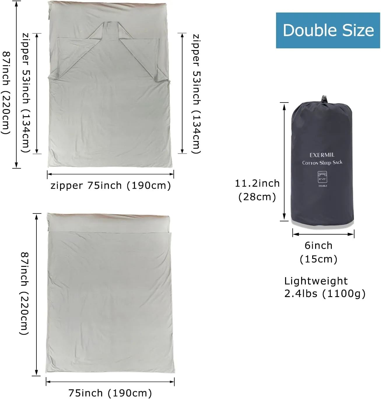 100% Cotton Sleeping Bag Liner with Full Length Zipper on 3 Sides; Single/Double Adult Sleep Sack for Travel & Camping, Multifunctional Travel Sheets (Unzipped 87”x87”) for Hotel, Lightweight