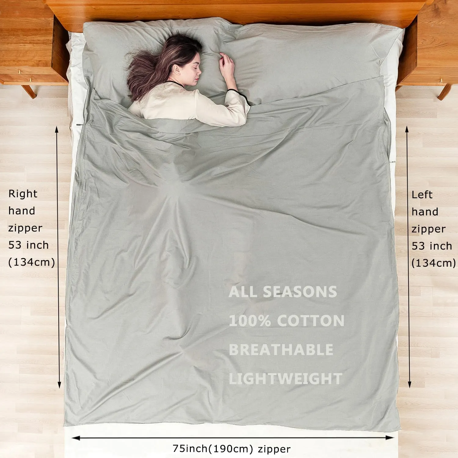 100% Cotton Sleeping Bag Liner with Full Length Zipper on 3 Sides; Single/Double Adult Sleep Sack for Travel & Camping, Multifunctional Travel Sheets (Unzipped 87”x87”) for Hotel, Lightweight