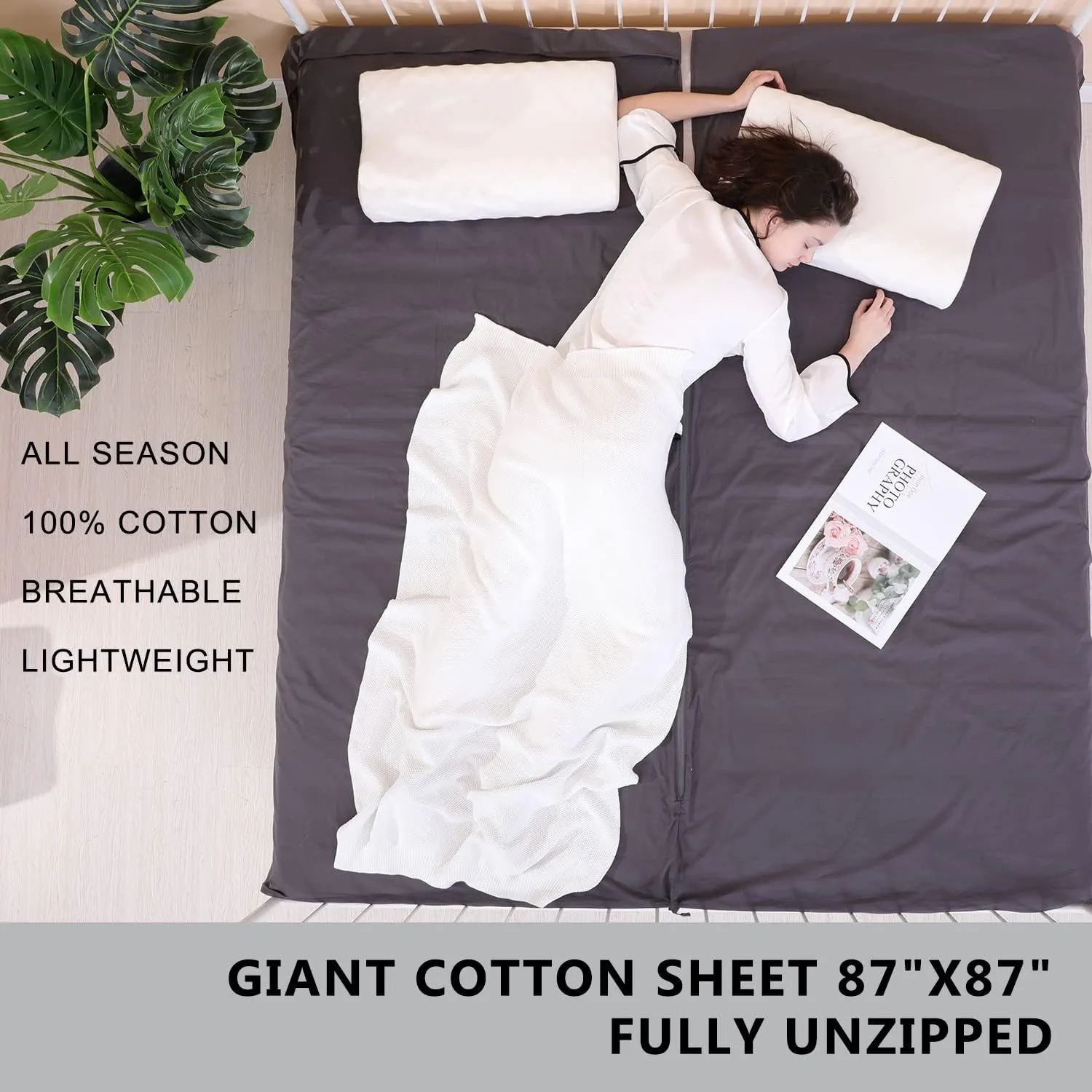 100% Cotton Sleeping Bag Liner with Full Length Zipper on 3 Sides; Single/Double Adult Sleep Sack for Travel & Camping, Multifunctional Travel Sheets (Unzipped 87”x87”) for Hotel, Lightweight