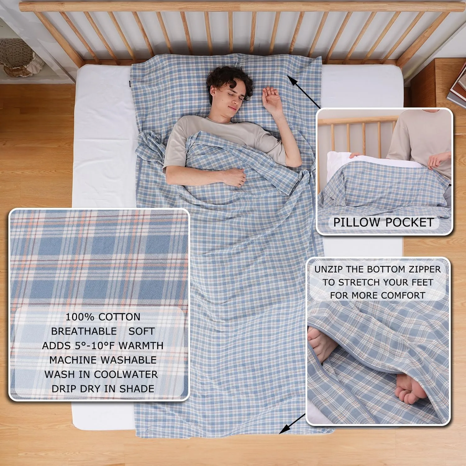 100% Cotton Sleeping Bag Liner with Full Length Zipper on 3 Sides; Single/Double Adult Sleep Sack for Travel & Camping, Multifunctional Travel Sheets (Unzipped 87”x87”) for Hotel, Lightweight