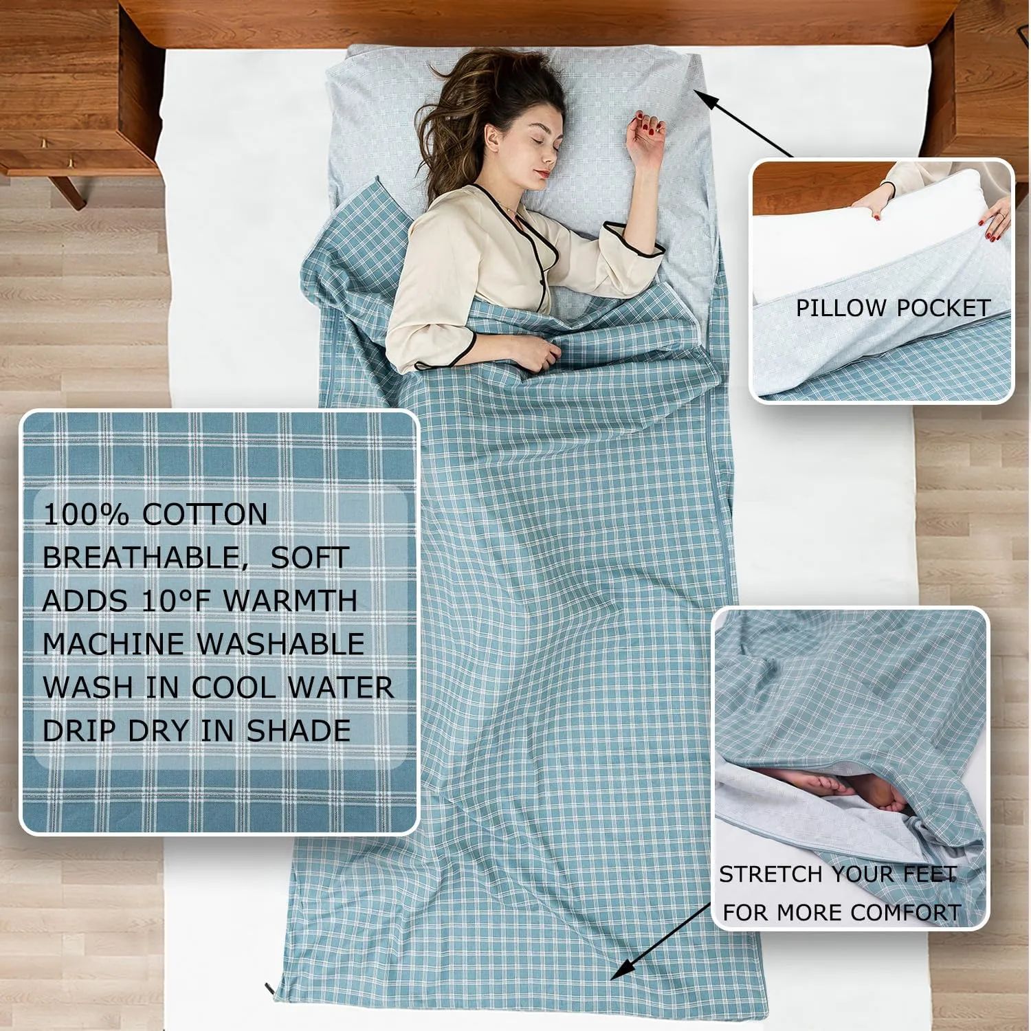 100% Cotton Sleeping Bag Liner with Full Length Zipper on 3 Sides; Single/Double Adult Sleep Sack for Travel & Camping, Multifunctional Travel Sheets (Unzipped 87”x87”) for Hotel, Lightweight