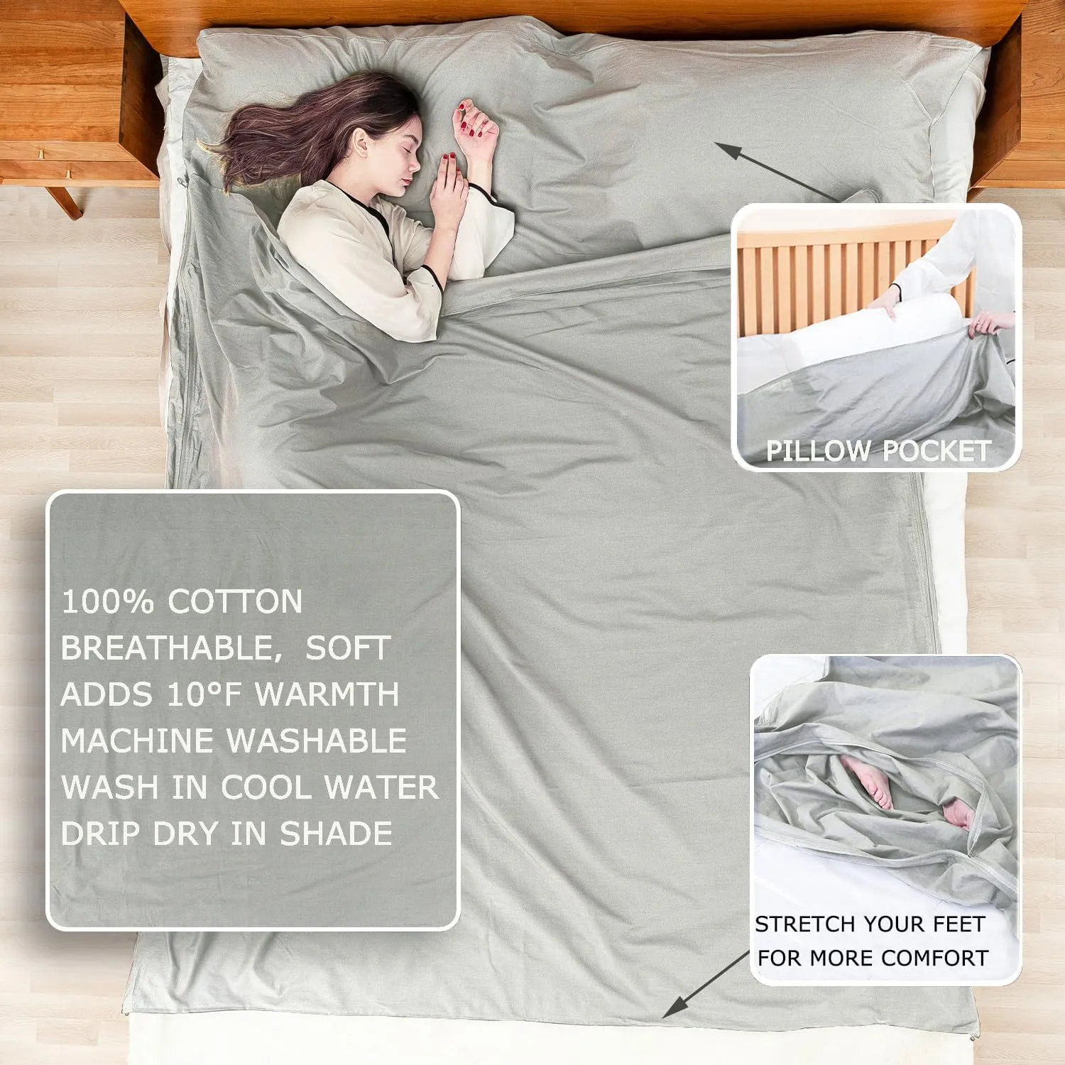 100% Cotton Sleeping Bag Liner with Full Length Zipper on 3 Sides; Single/Double Adult Sleep Sack for Travel & Camping, Multifunctional Travel Sheets (Unzipped 87”x87”) for Hotel, Lightweight