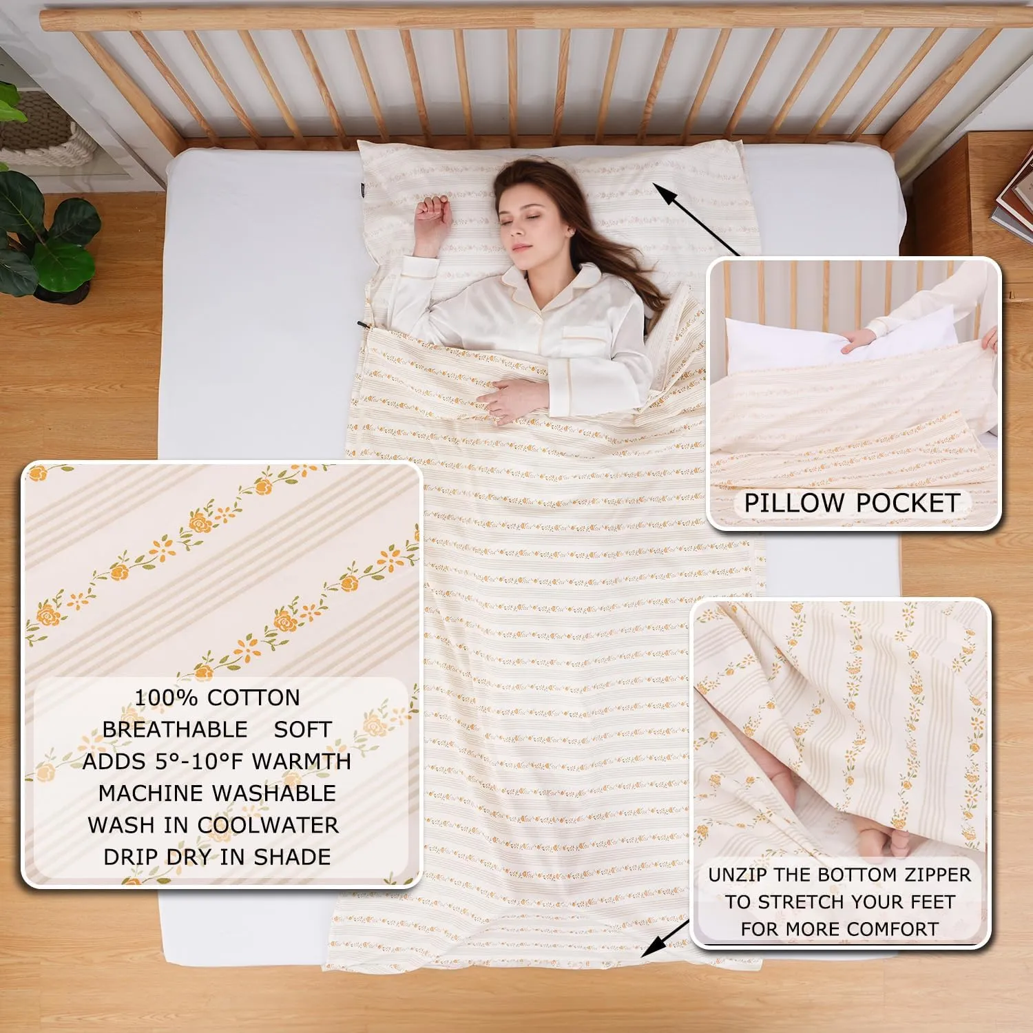 100% Cotton Sleeping Bag Liner with Full Length Zipper on 3 Sides; Single/Double Adult Sleep Sack for Travel & Camping, Multifunctional Travel Sheets (Unzipped 87”x87”) for Hotel, Lightweight