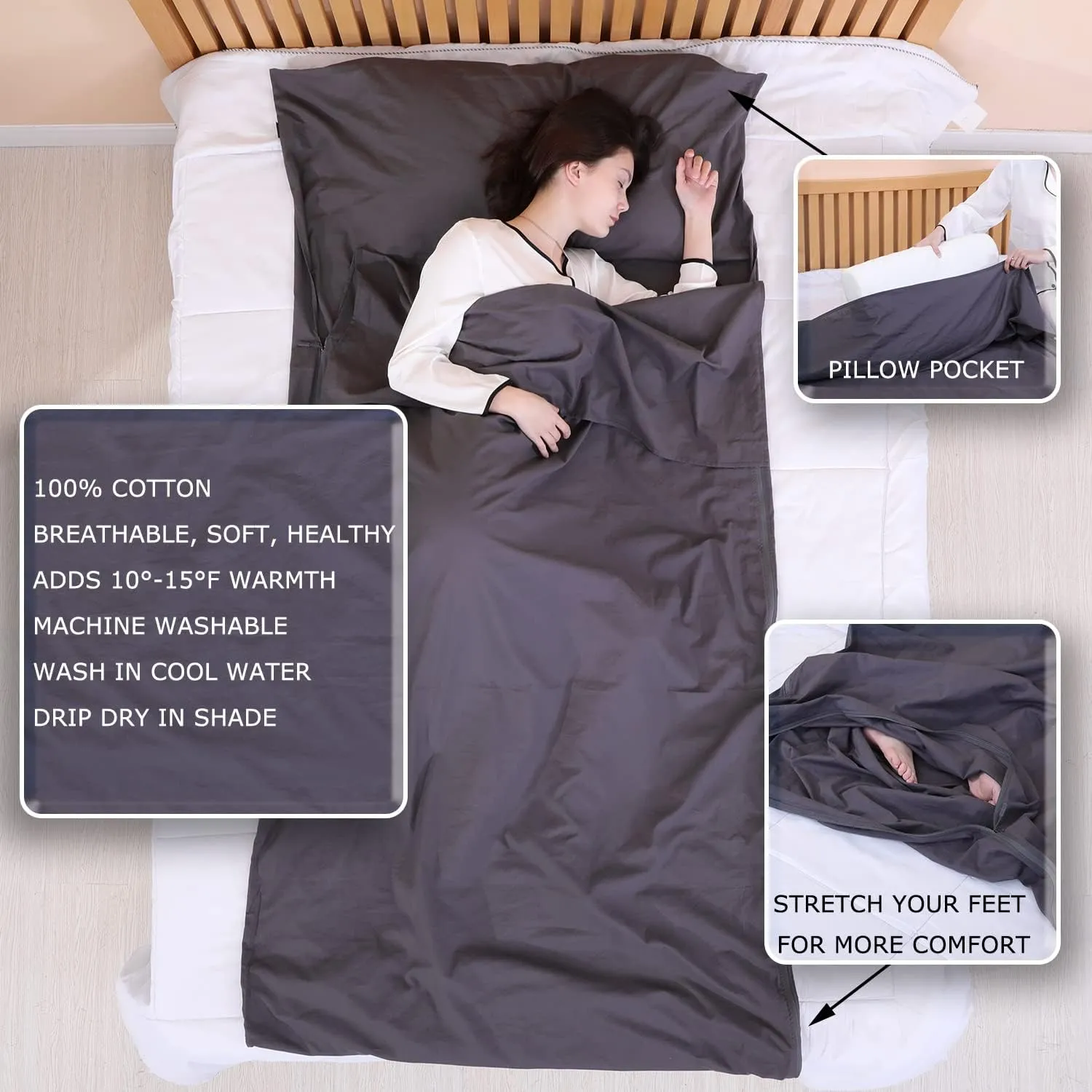 100% Cotton Sleeping Bag Liner with Full Length Zipper on 3 Sides; Single/Double Adult Sleep Sack for Travel & Camping, Multifunctional Travel Sheets (Unzipped 87”x87”) for Hotel, Lightweight