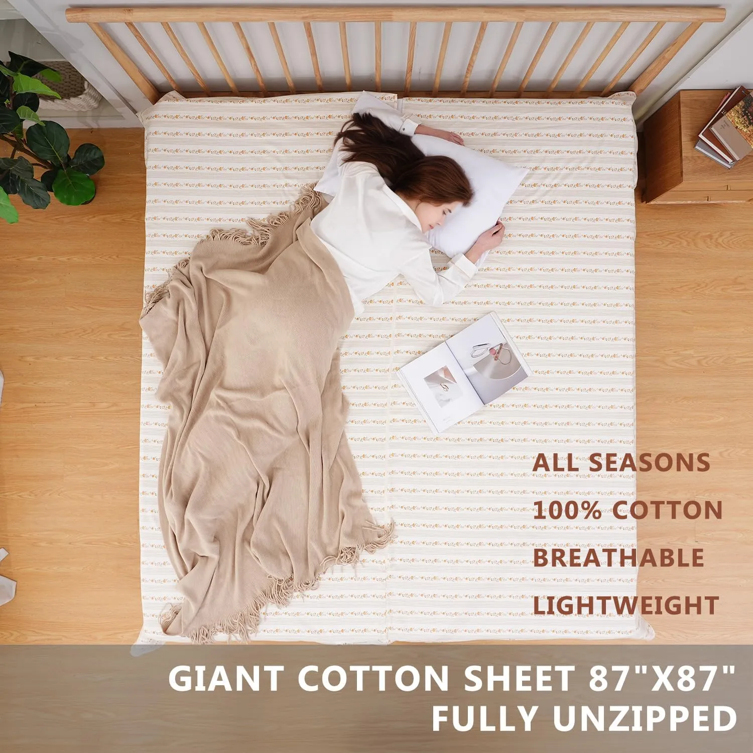 100% Cotton Sleeping Bag Liner with Full Length Zipper on 3 Sides; Single/Double Adult Sleep Sack for Travel & Camping, Multifunctional Travel Sheets (Unzipped 87”x87”) for Hotel, Lightweight