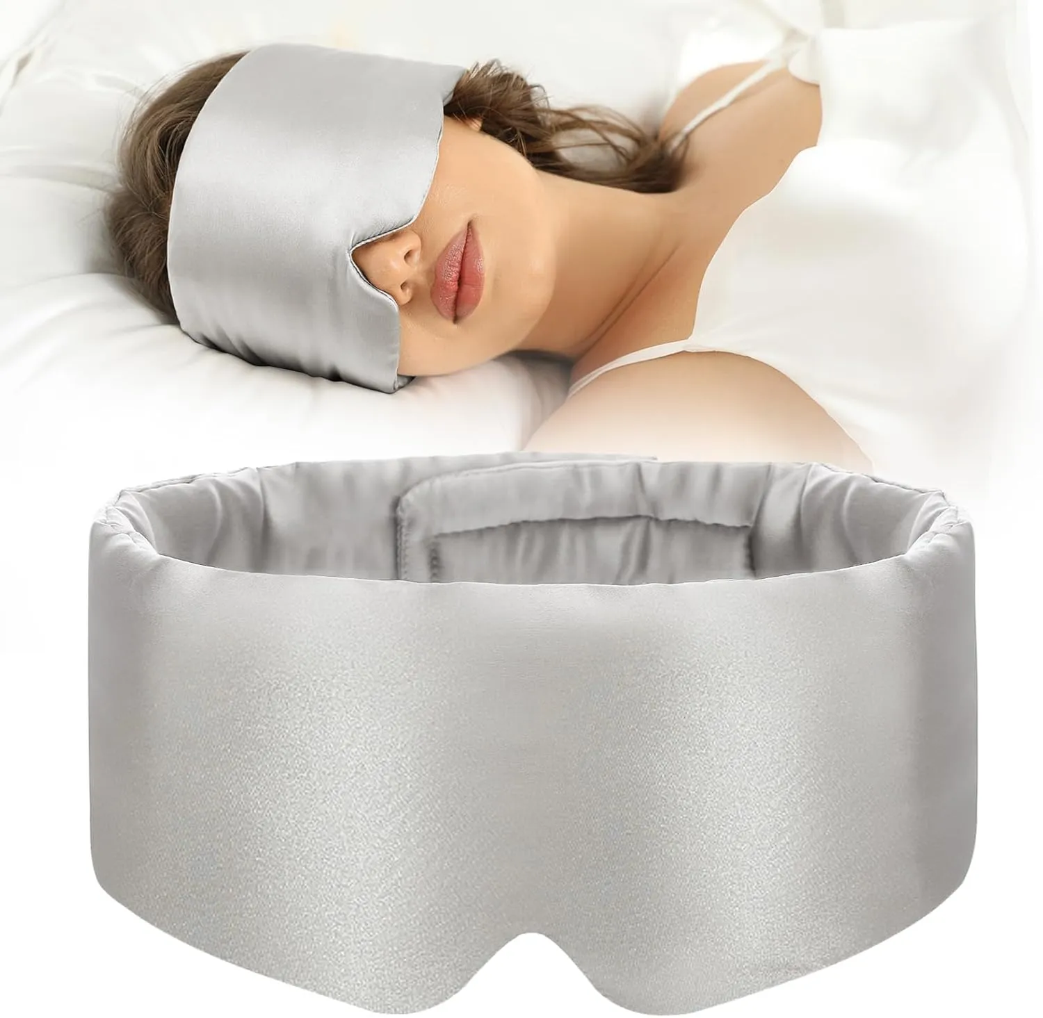 100% Mulberry Silk Sleep Mask Eye Mask for Women Man with Adjustable Band, for Side Sleeper Blackout Sleep Mask for Travel Rest and Office (Gray)