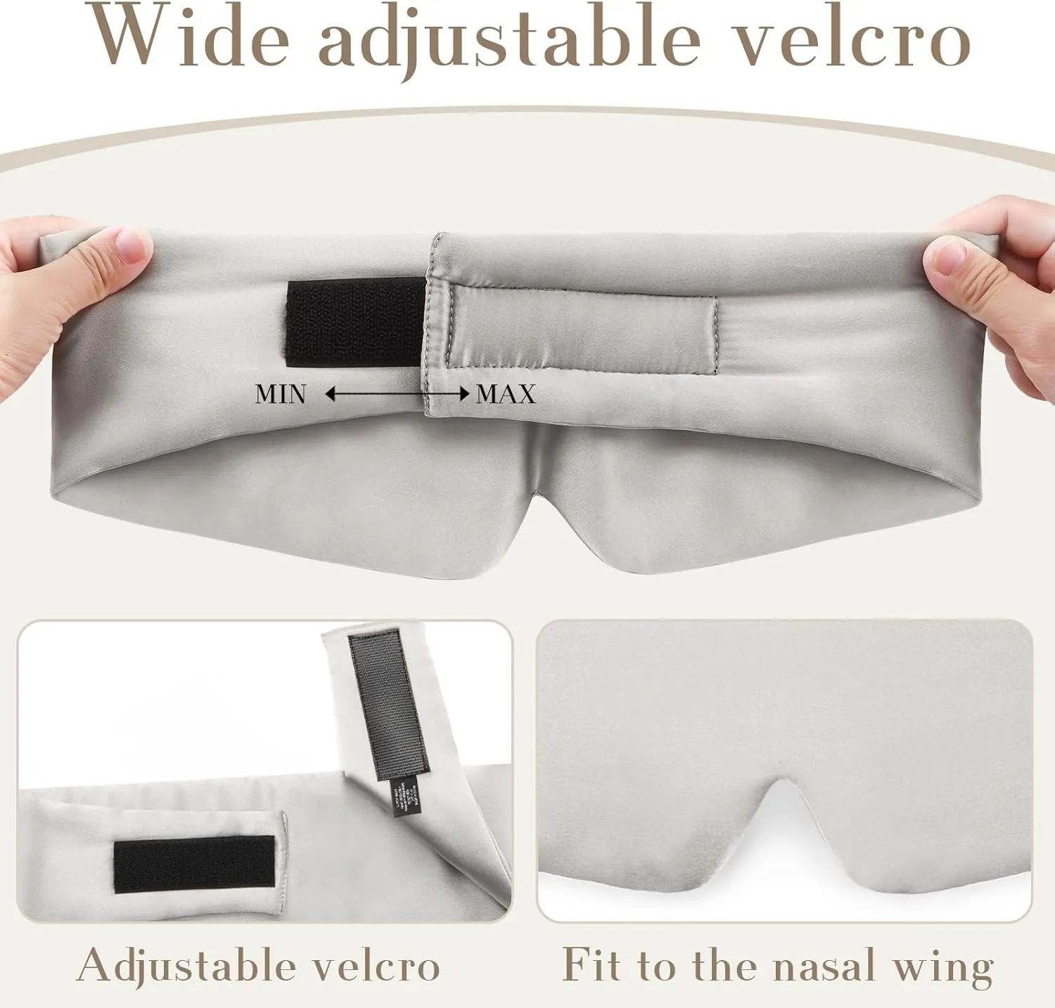 100% Mulberry Silk Sleep Mask Eye Mask for Women Man with Adjustable Band, for Side Sleeper Blackout Sleep Mask for Travel Rest and Office (Gray)