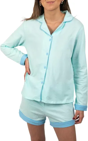 100% Soft Cotton Womens Pajamas Set Button Down Long Sleeve Sleepwear Bridemaids Soft Pj Lounge Sets S-L Blue