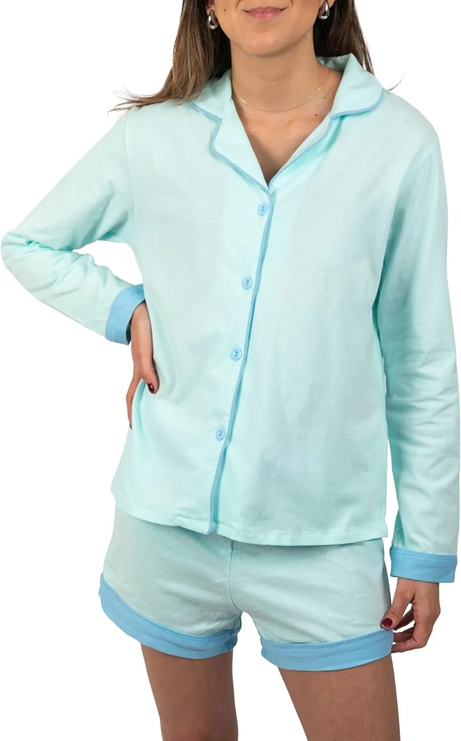 100% Soft Cotton Womens Pajamas Set Button Down Long Sleeve Sleepwear Bridemaids Soft Pj Lounge Sets S-L Blue