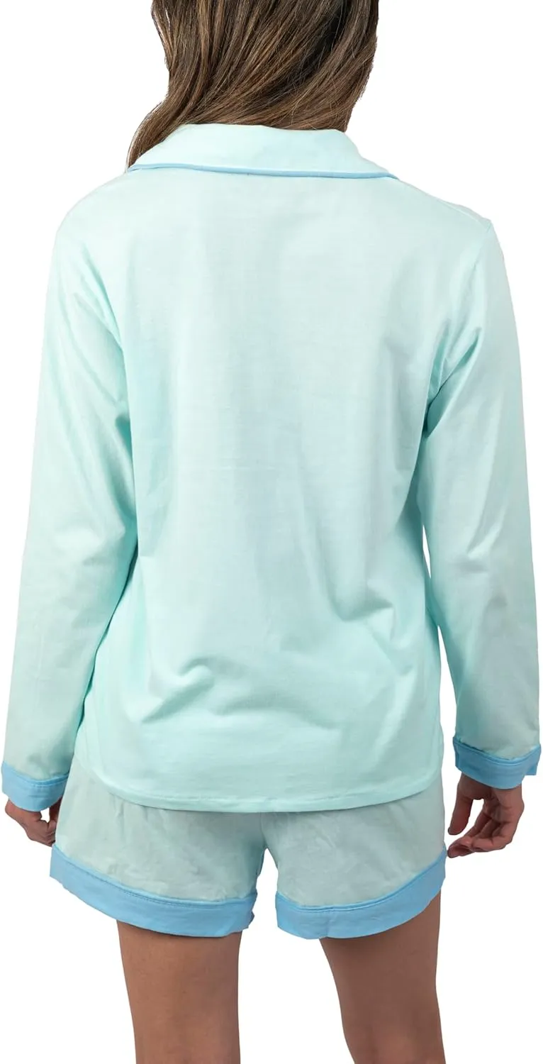 100% Soft Cotton Womens Pajamas Set Button Down Long Sleeve Sleepwear Bridemaids Soft Pj Lounge Sets S-L Blue