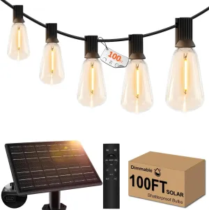 100ft Solar Outdoor String Lights with Remote - USB Rechargeable Solar Powered Outdoor Patio Lights, Larger 3.5W Solar Panel , Timer, Dimmable Shatterproof ST38 Bulbs for Backyard, Porch, Garden, Pool