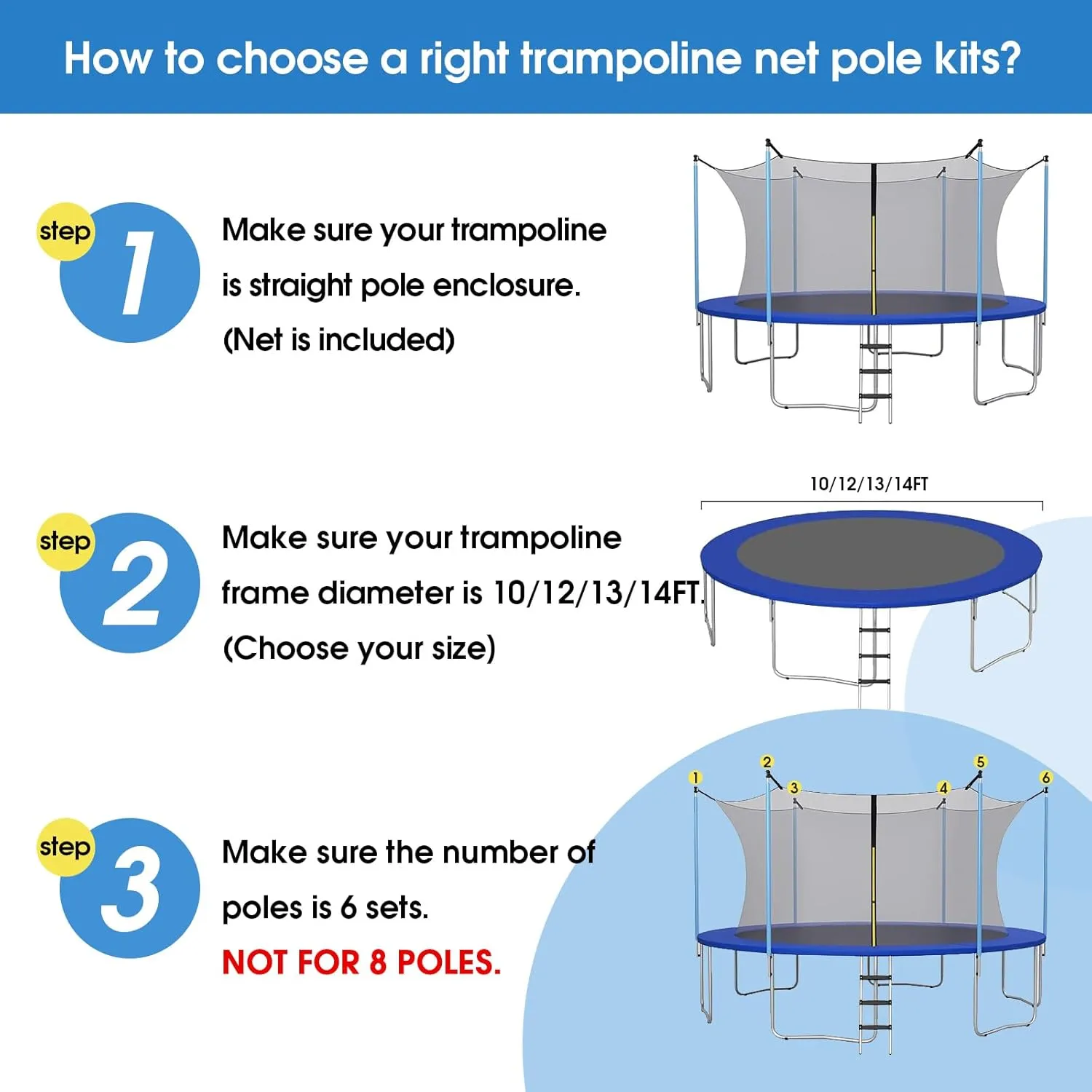 10/12/13/14FT Universal Trampoline Safety Enclosure Net Poles Replacement - Includes 6 Straight Poles,Safety Enclosure net, 2 Sets Mounting Hardwares