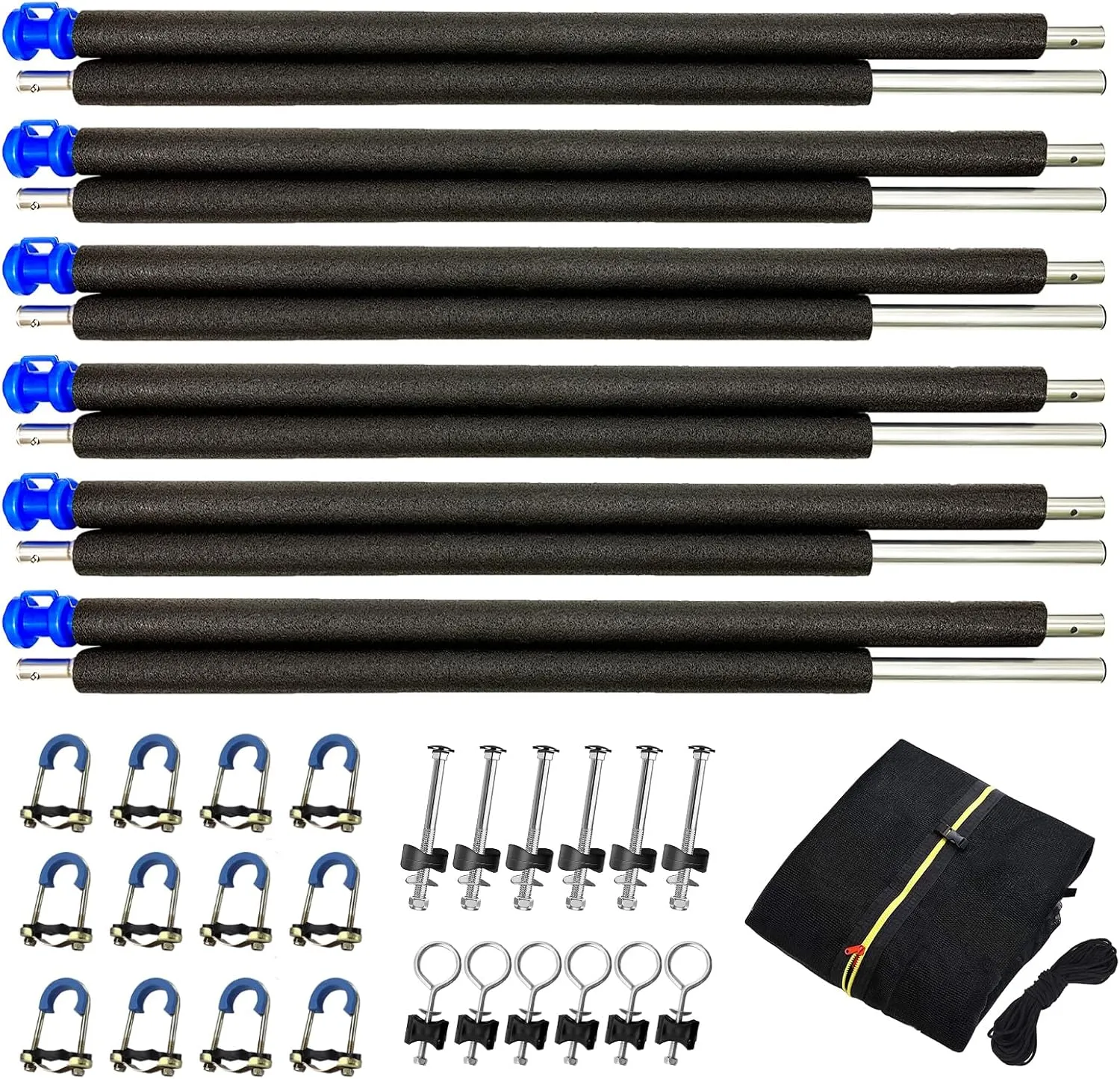 10/12/13/14FT Universal Trampoline Safety Enclosure Net Poles Replacement - Includes 6 Straight Poles,Safety Enclosure net, 2 Sets Mounting Hardwares