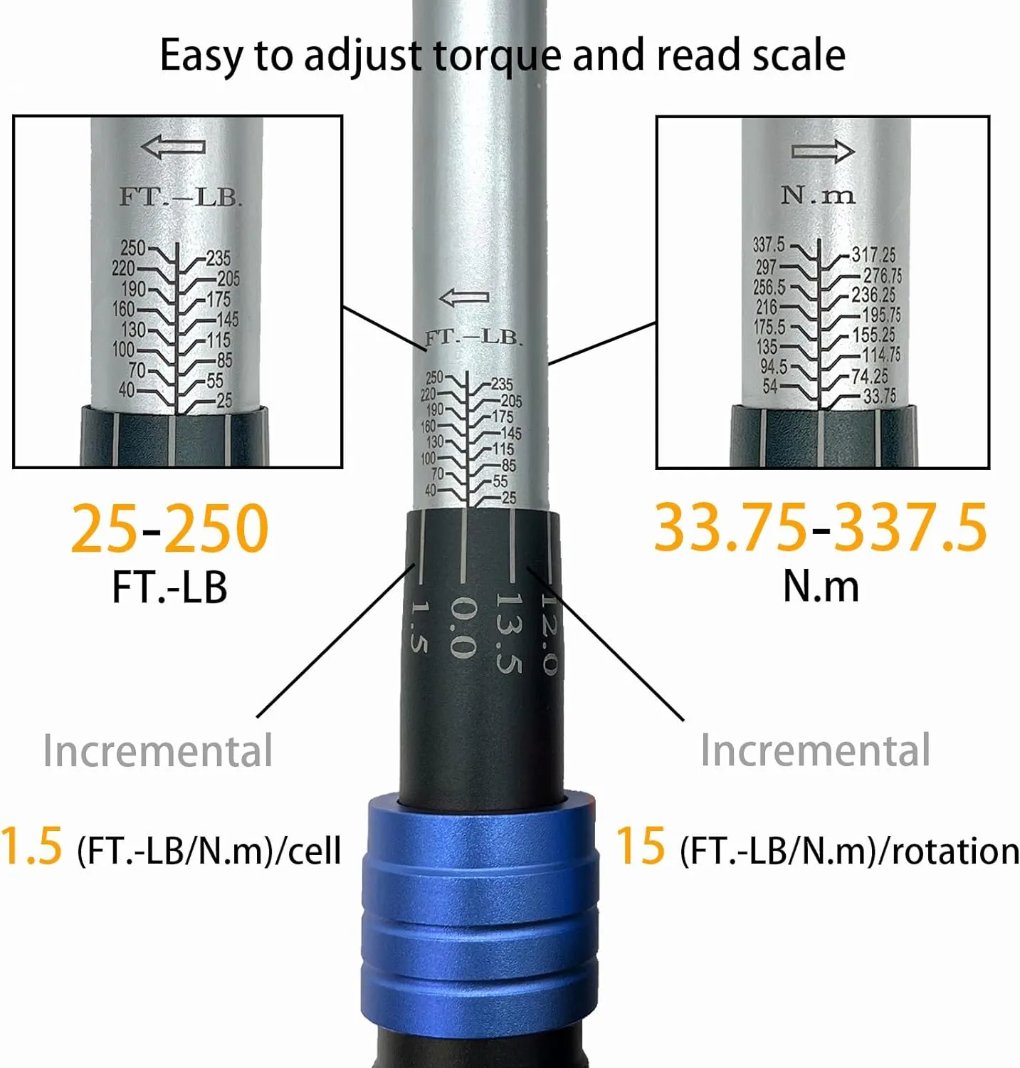 1/2 Inch Torque Wrench 25-250 ft-lb / 33.75-337.5N.M / 90 Teeth/Heavy Duty/Professional/Dual Direction / / Cr-Mo/Garage Car/Motorcycle/Spark Plug/Wheel/Oil change