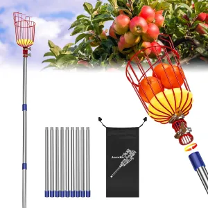 13 Feet Fruit Picker Pole Tool with Basket Apple Picker Extendable Stainless Steel Extension Pole Metal Clamp Fruit Catcher with Protective Foam Pad for Avocado Apples Mango