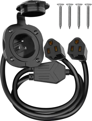15 Amp AC Port Plug, 125V Power Inlet Socket with Waterproof Cover & Integrated Dual 18" Extension Cord, 2 Pole 3-Wire NEMA 5-15 Flanged Generator Inlet Plug for RV Boat Electrical Connections