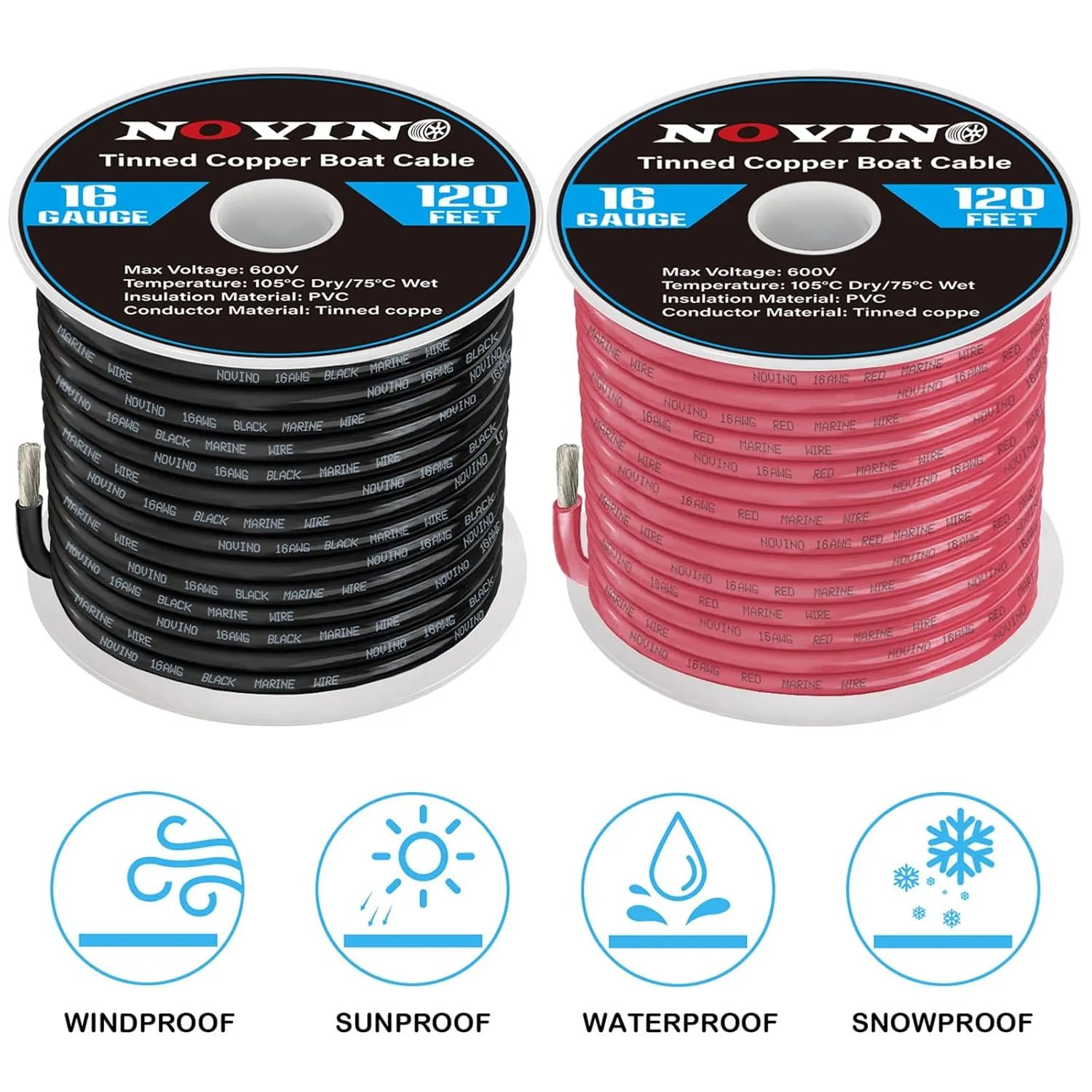 16 Gauge Marine Wire 16 AWG Marine Grade Wire Include 16AWG 120FT Red & 120FT Black,16 Gauge Tinned Copper Electrical Cable for Boat Automotive Speakers Lighting Solar Outdoor RV Camper Trailer
