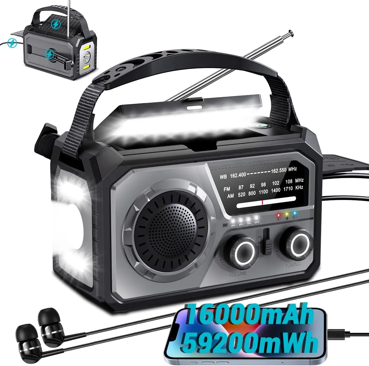 16000mAh/59200mWh Solar Crank Emergency Radio - Wireless NOAA AM/FM Weather Radio with USB-C/Type-C Charging, 3-Light Modes, SOS Alarm, Compass & Power Bank for Camping Survival Outdoor Emergencies