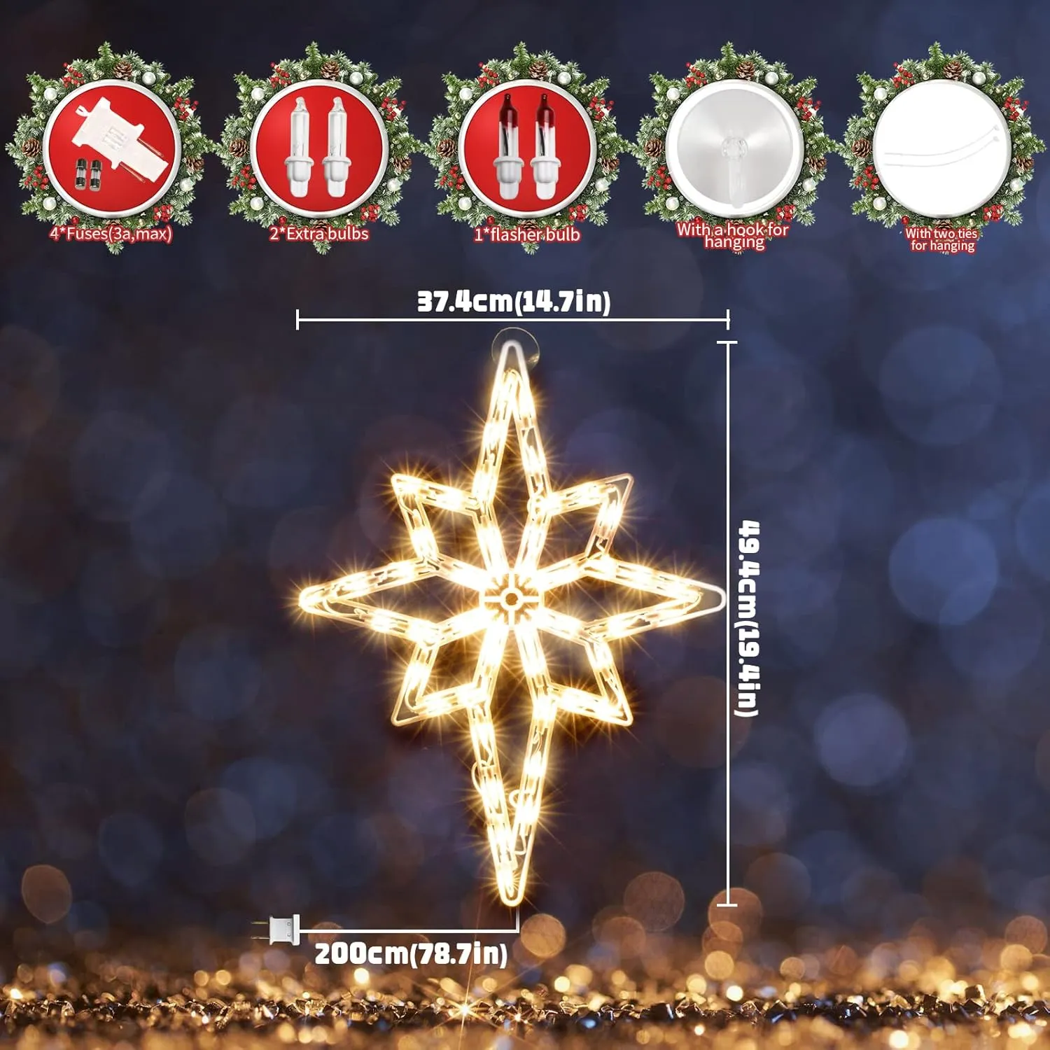 19 Inch Christmas Window Silhouette Lights Decorations, 50L Christmas Sculpture,Including:Bethlehem Star x1