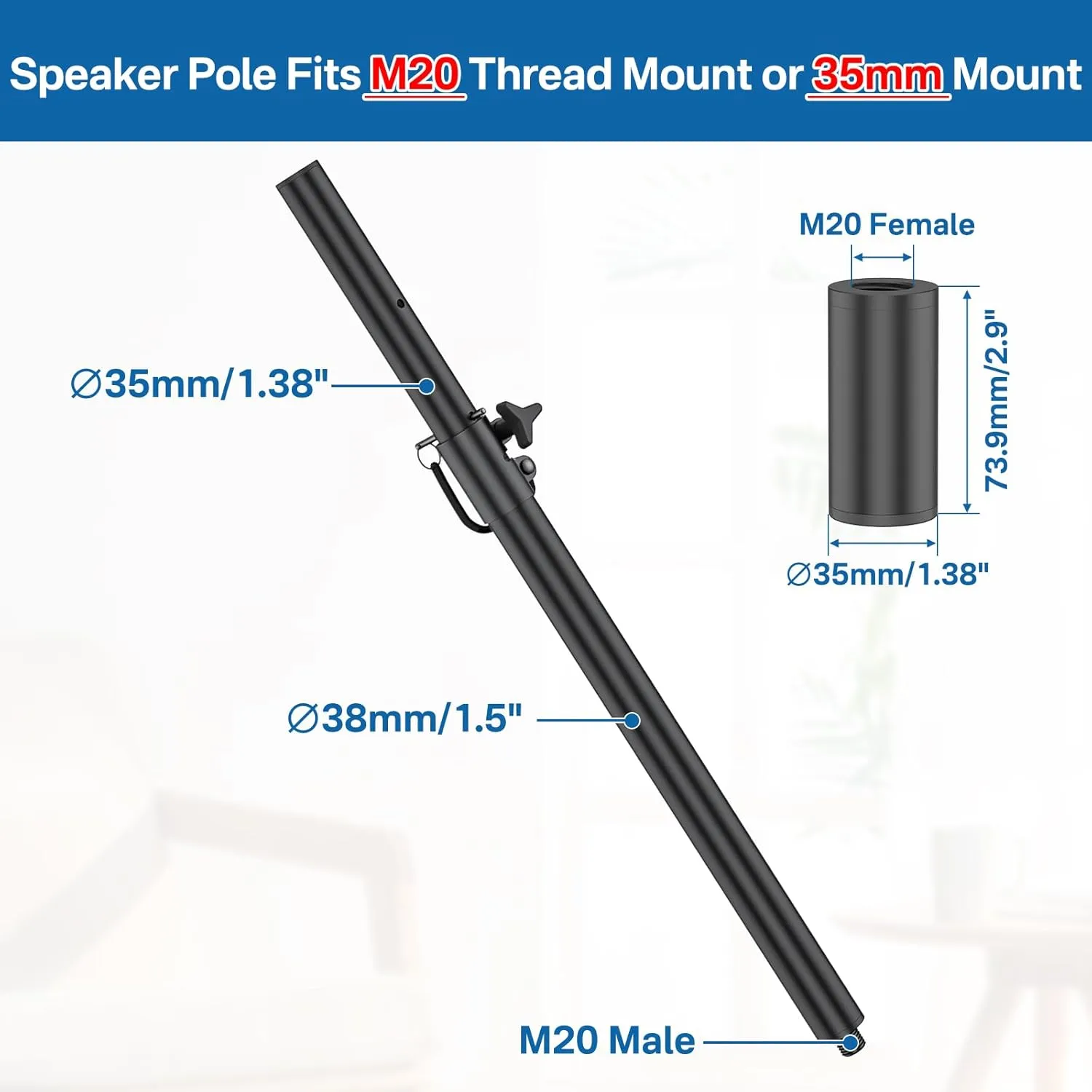2 in 1 Speaker Pole for Subwoofer with Height Adjustable Subwoofer Pole Mount Fits M20 Speaker Pole Mounts and 35mm Mounts Speakers Extender with M20 to 35mm Adapter Load Capacity 121LBS, 2 Pack