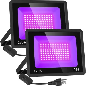 2 Pack 120W LED Black Light IP66 Waterproof, Outdoor Blacklight Flood Light with Plug Switch, Powerful for Halloween Neon Glow in The Dark Party Body Paint Fluorescent Poster Classroom Stage Lighting