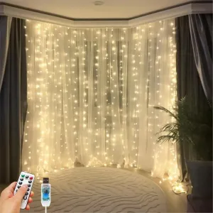 2 Pack 300 LED Fairy Curtain Lights, 9.8 x 9.8FT Warm White USB Plug in 8 Modes String Hanging Lights with Remote for Christmas, Bedroom, Indoor, Outdoor, Weddings, Party (Warm White)