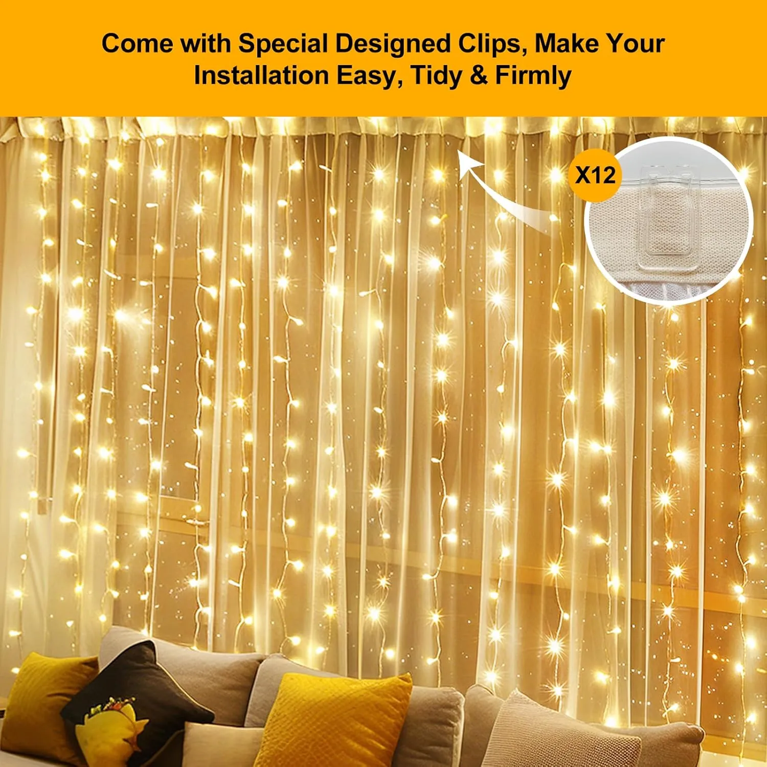 2 Pack 300 LED Fairy Curtain Lights, 9.8 x 9.8FT Warm White USB Plug in 8 Modes String Hanging Lights with Remote for Christmas, Bedroom, Indoor, Outdoor, Weddings, Party (Warm White)