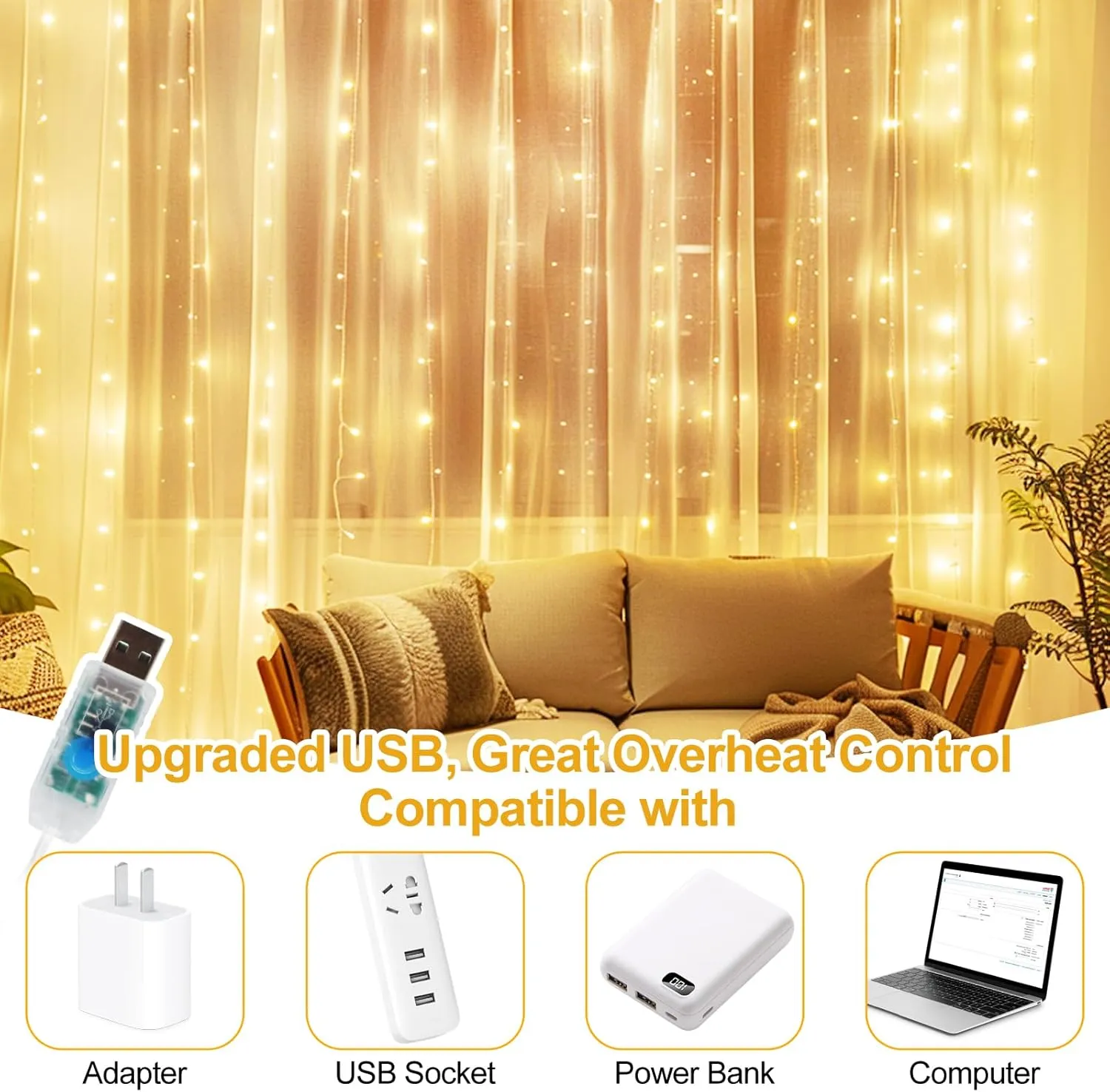 2 Pack 300 LED Fairy Curtain Lights, 9.8 x 9.8FT Warm White USB Plug in 8 Modes String Hanging Lights with Remote for Christmas, Bedroom, Indoor, Outdoor, Weddings, Party (Warm White)