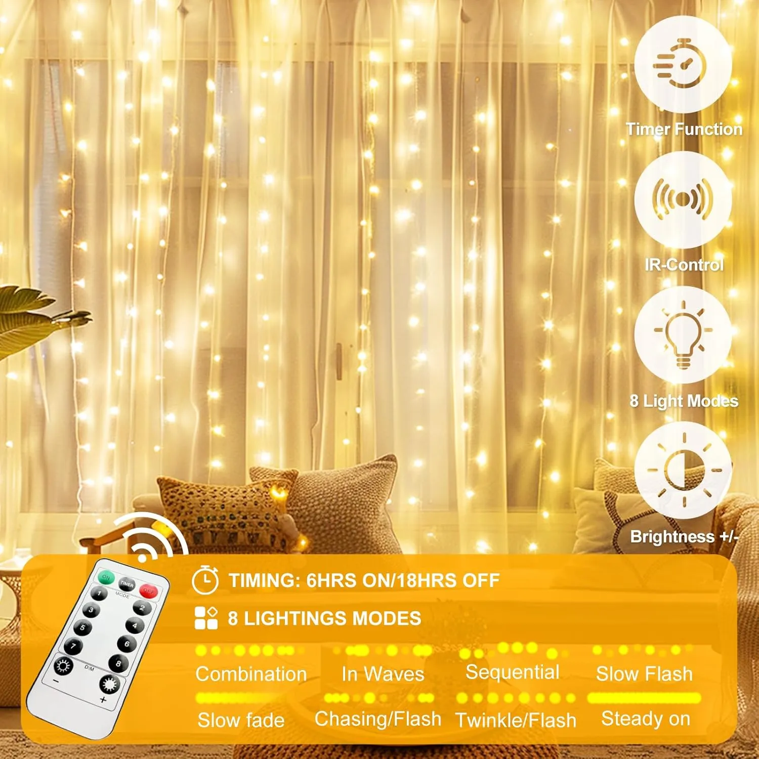 2 Pack 300 LED Fairy Curtain Lights, 9.8 x 9.8FT Warm White USB Plug in 8 Modes String Hanging Lights with Remote for Christmas, Bedroom, Indoor, Outdoor, Weddings, Party (Warm White)