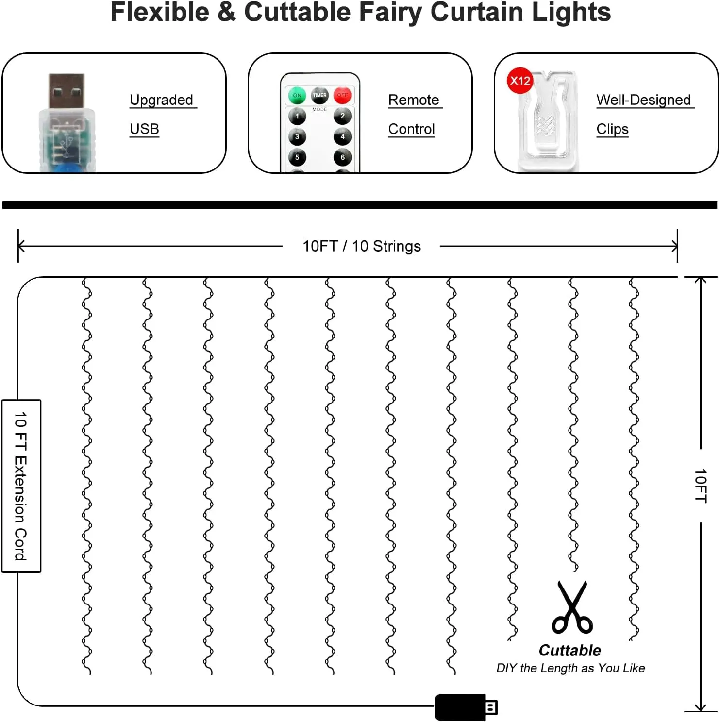 2 Pack 300 LED Fairy Curtain Lights, 9.8 x 9.8FT Warm White USB Plug in 8 Modes String Hanging Lights with Remote for Christmas, Bedroom, Indoor, Outdoor, Weddings, Party (Warm White)