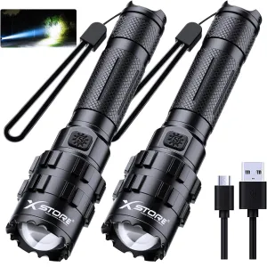 2 Pack Flashlights High Lumens Rechargeable, Powerful Led Flashlight, Super Bright Torch Light USB Powerful Handheld Flash Lights for Emergencies Camping Hiking