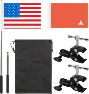 2 Pack Orange Boat Safety Flag, Pontoon Boat Flags Pole Kit, 12” X 18” American Flag for Boat, 48 Inch Adjustable Stability Flags Pole for 0.59 - 2.1 Inch Round and Pontoon Square Rail, Skier Down Water Sports Flags