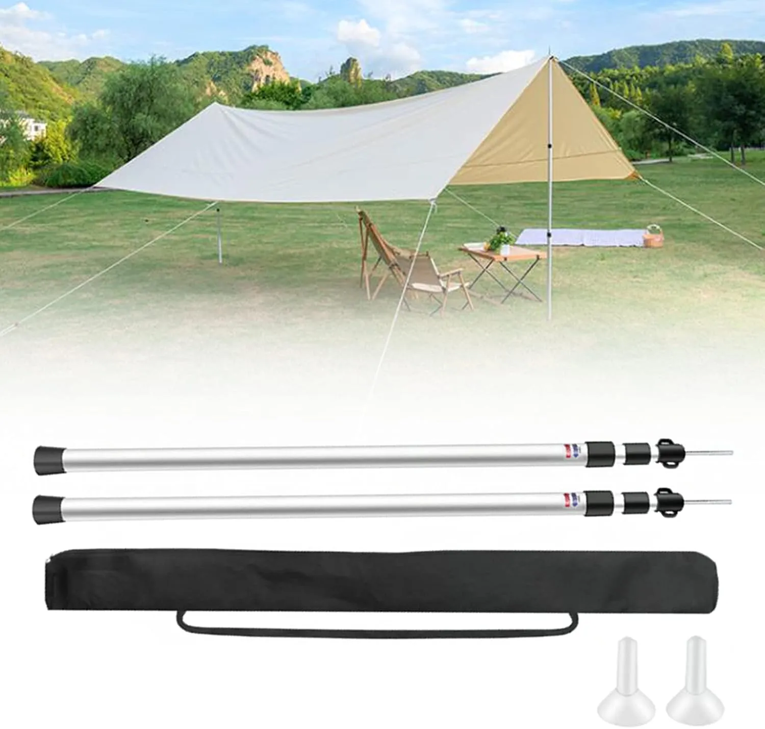 2 Pcs Adjustable Tarp Poles Telescoping Aluminum Rods Portable Awning Poles for Camping, Backpacking, Hiking