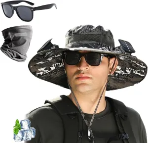 2025 New Ultralight Solar Fan Sun Hat with Two Fans Solar Power,Wide Brim Solar Fan Outdoor Fishing Hat-Solar & USB Charging