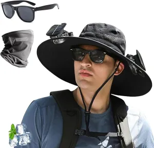 2025 New Ultralight Solar Fan Sun Hat with Two Fans Solar Power,Wide Brim Solar Fan Outdoor Fishing Hat-Solar & USB Charging