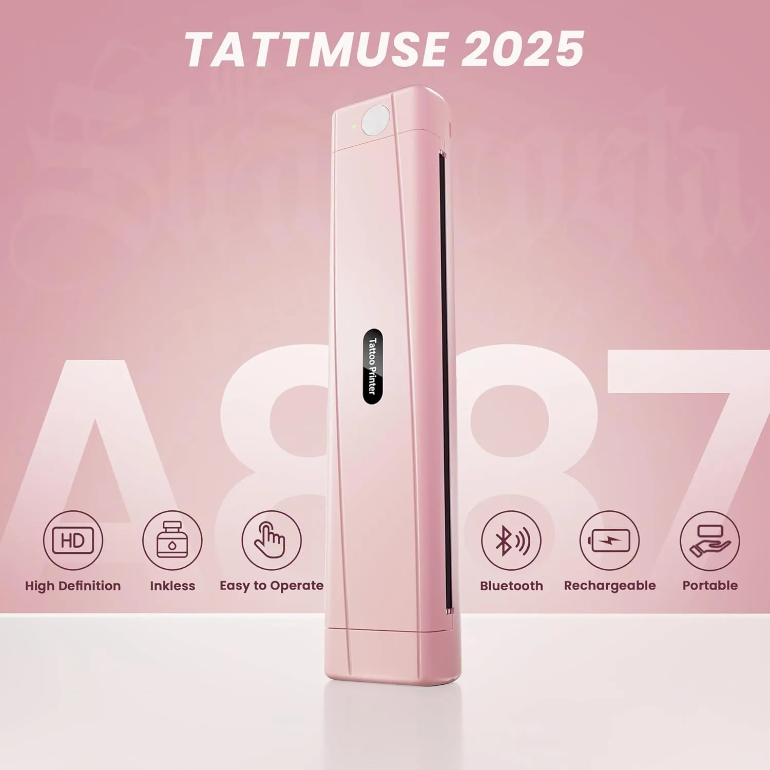 2025 New Version Tattoo Stencil Printer with 10pcs Transfer Paper, Wireless Thermal Tattoo Transfer Printer, Bluetooth Portable Tattoo Machine Compatible with Smartphone & Pad, Pink