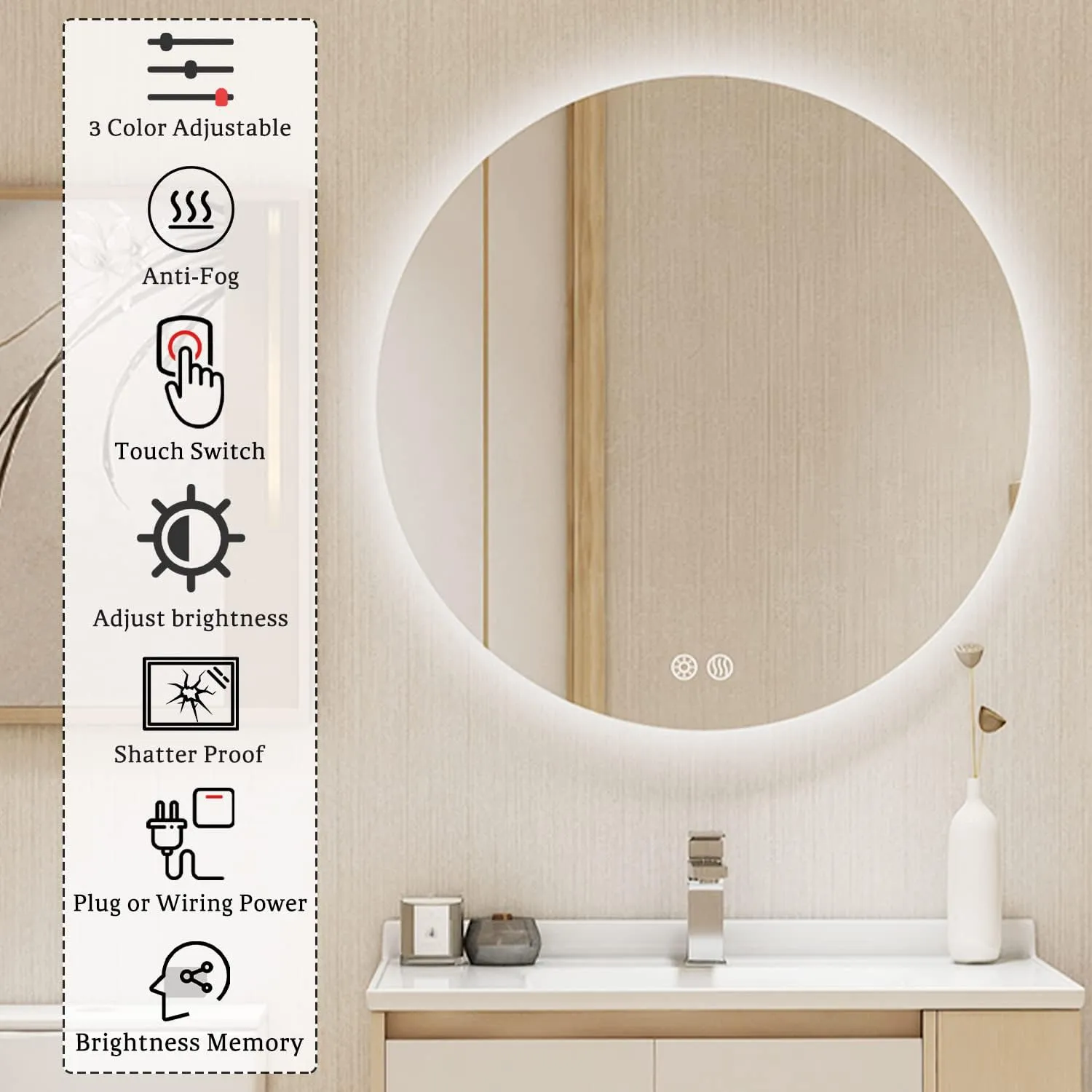 24 Inch Round LED Bathroom Mirror Backlit Anti-Fog 3 Colors Light Dimmable Wall Mounted Lighted Bathroom Vanity Mirror Smart Makeup Mirror with Touch Switch