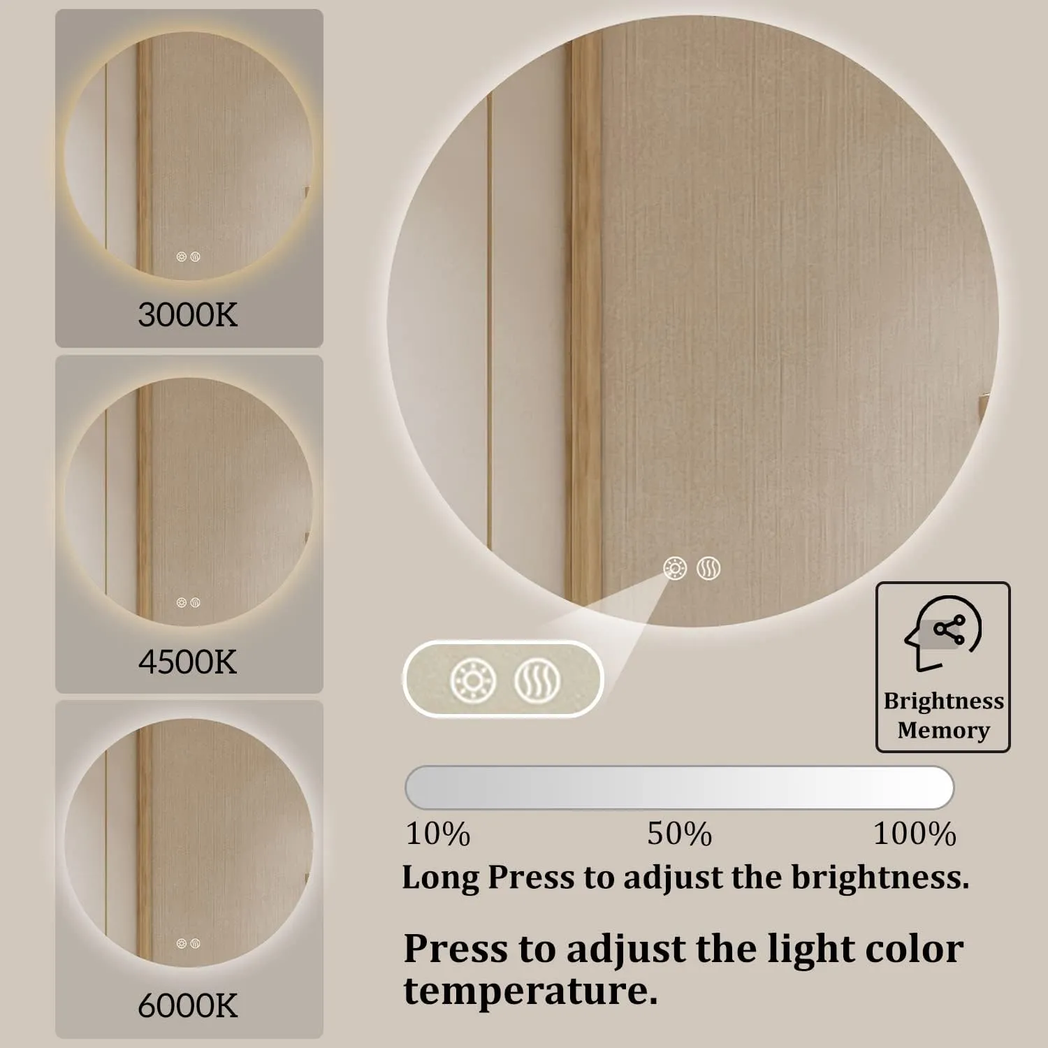 24 Inch Round LED Bathroom Mirror Backlit Anti-Fog 3 Colors Light Dimmable Wall Mounted Lighted Bathroom Vanity Mirror Smart Makeup Mirror with Touch Switch