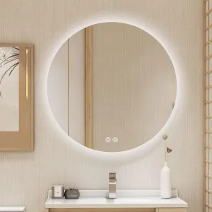 24 Inch Round LED Bathroom Mirror Backlit Anti-Fog 3 Colors Light Dimmable Wall Mounted Lighted Bathroom Vanity Mirror Smart Makeup Mirror with Touch Switch
