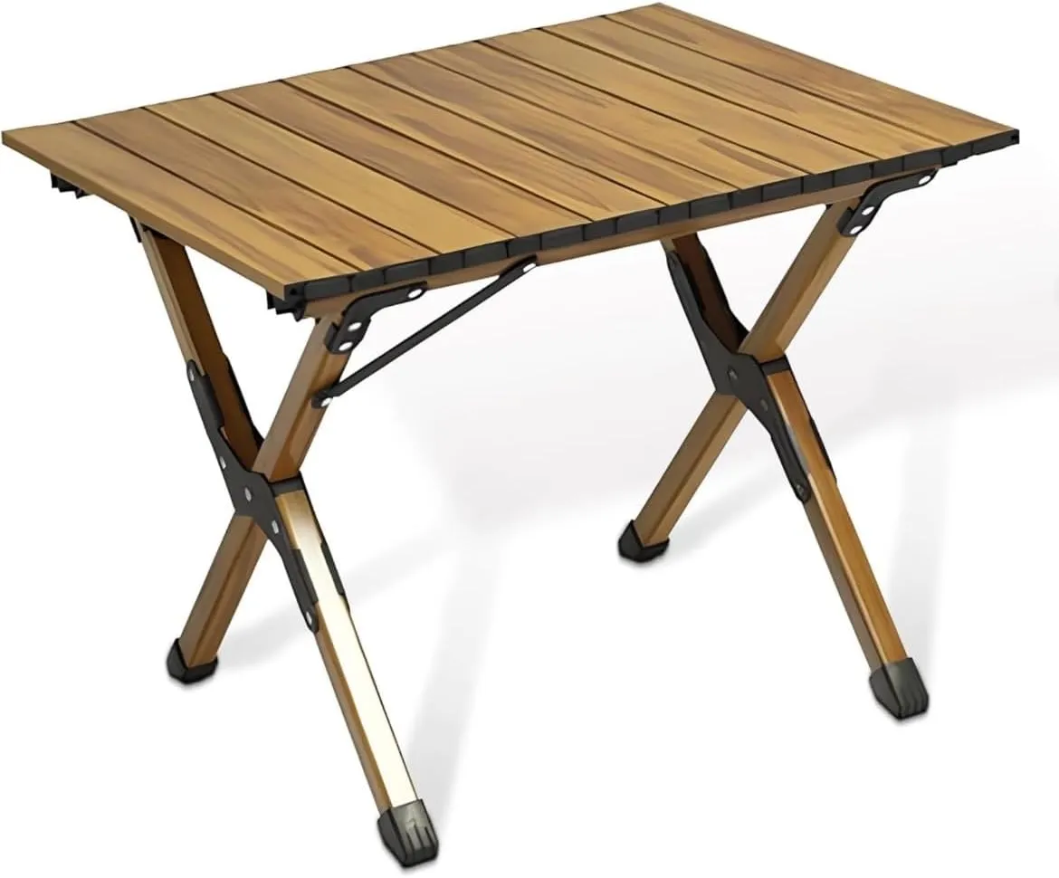 24''L Portable Rectangular Aluminum Outdoor Camping Table with Wooden Skin Roll-Up Table Top and Foldable Legs, Lightweight and Waterproof (Dark Brown)