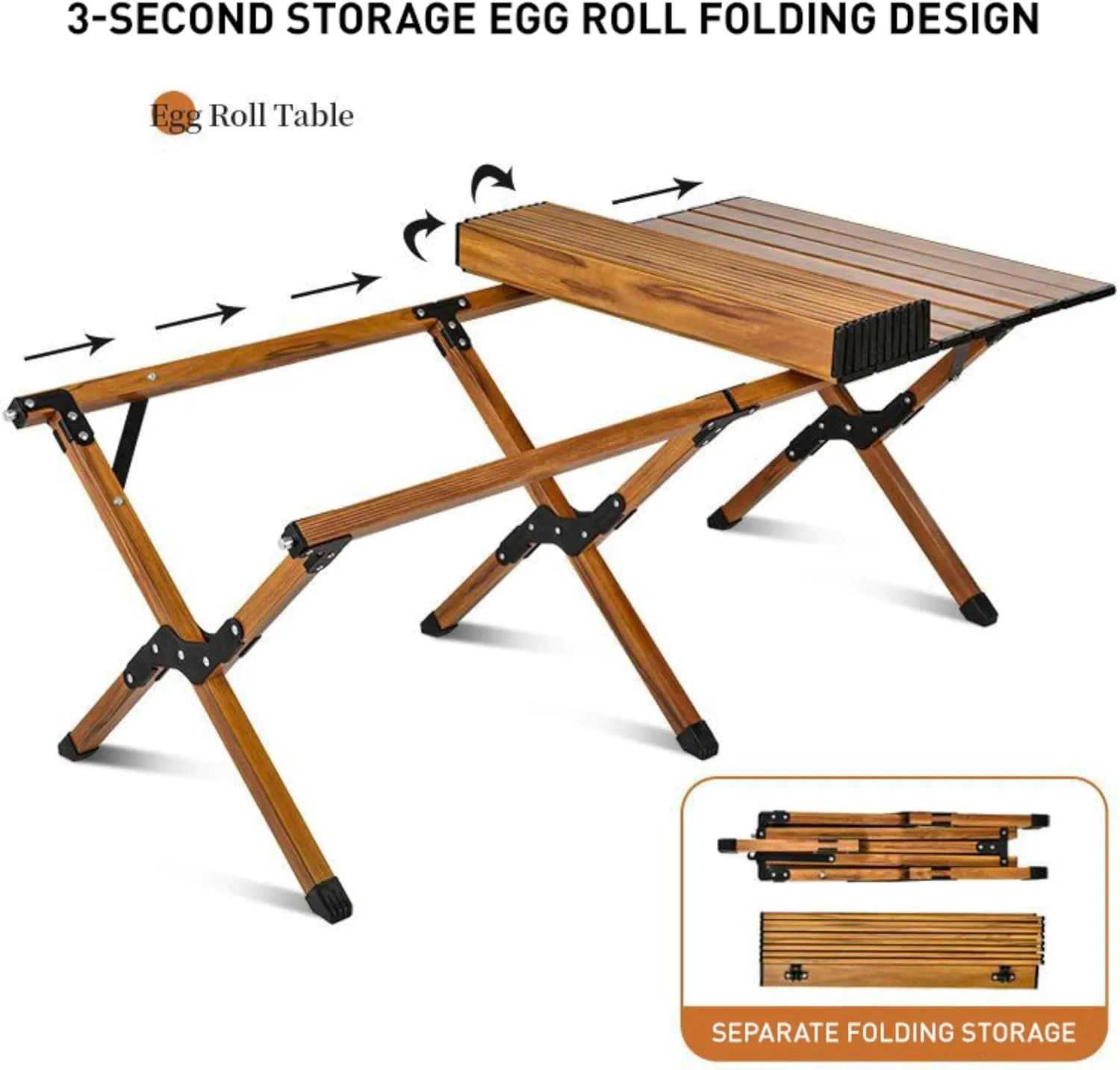 24''L Portable Rectangular Aluminum Outdoor Camping Table with Wooden Skin Roll-Up Table Top and Foldable Legs, Lightweight and Waterproof (Dark Brown)
