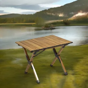 24''L Portable Rectangular Aluminum Outdoor Camping Table with Wooden Skin Roll-Up Table Top and Foldable Legs, Lightweight and Waterproof (Dark Brown)