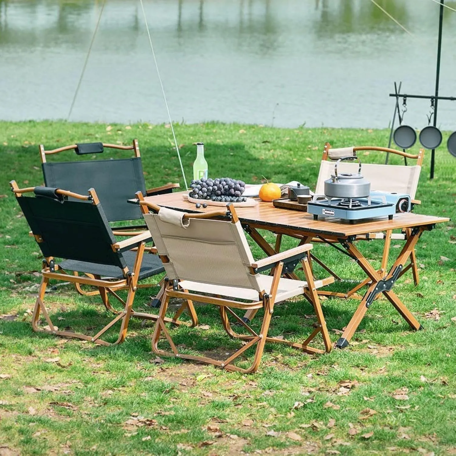 24''L Portable Rectangular Aluminum Outdoor Camping Table with Wooden Skin Roll-Up Table Top and Foldable Legs, Lightweight and Waterproof (Dark Brown)
