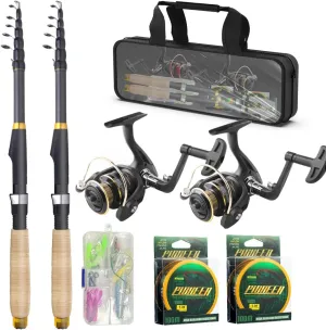 2PCS Fishing Rod and Reel Combos,Telescopic Fishing Pole Spinning Reels Sets, Collapsible Fishing Rod Full Kit with Carrier Bag for Travel Saltwater Freshwater Fishing Poles